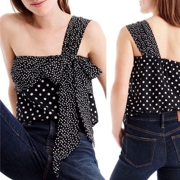 NWT J. Crew Silk One Shoulder Polka Dot Bow Top - Picture 1 of 8